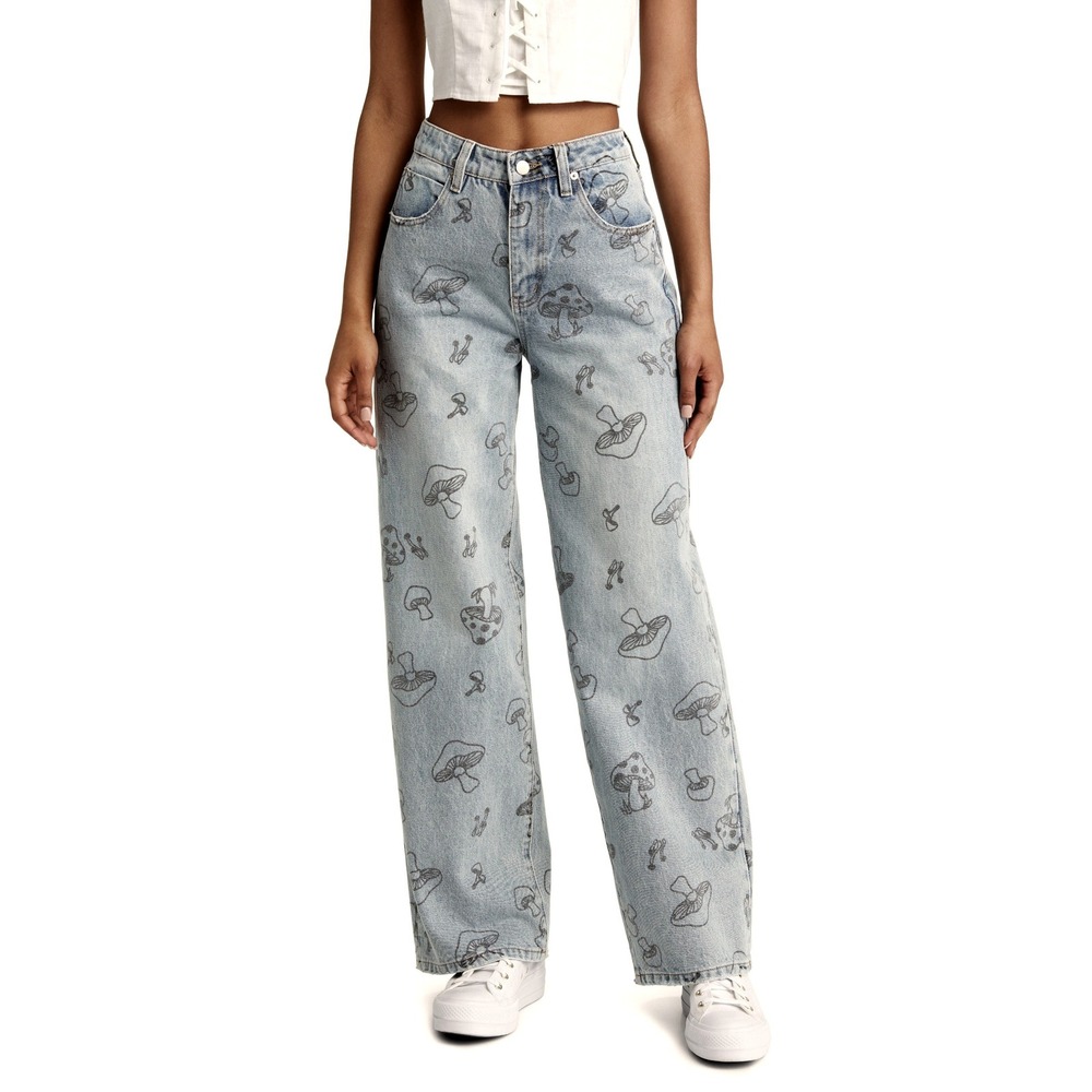 PTCL Ethical Clothing Mushroom Print Jeans Light Wash Straight Leg Goblincore 27